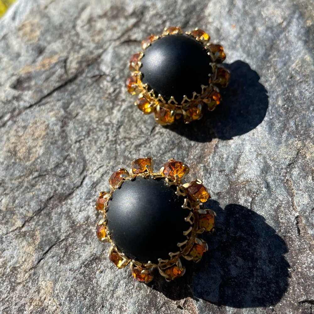 Vintage Germany Crystal Sunflower Clip On Earrings